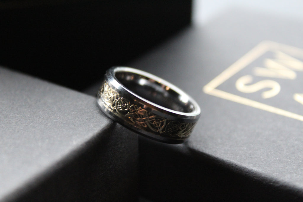 Tungsten Carbide Ring with Gold IP Celtic Inlay
