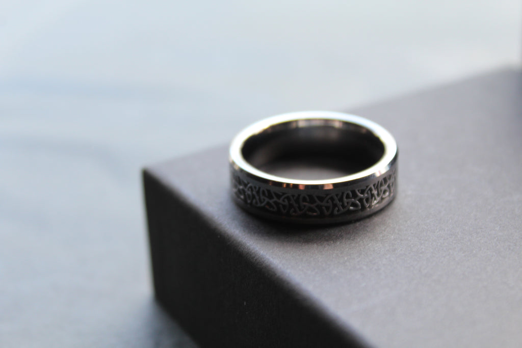 Tungsten & Black Carbon Inlay Celtic Ring