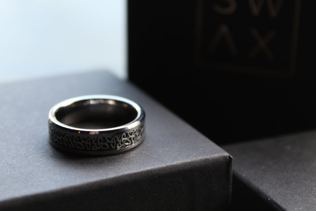 Tungsten & Black Carbon Inlay Celtic Ring