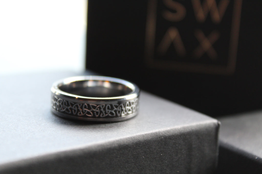 Tungsten & Black Carbon Inlay Celtic Ring