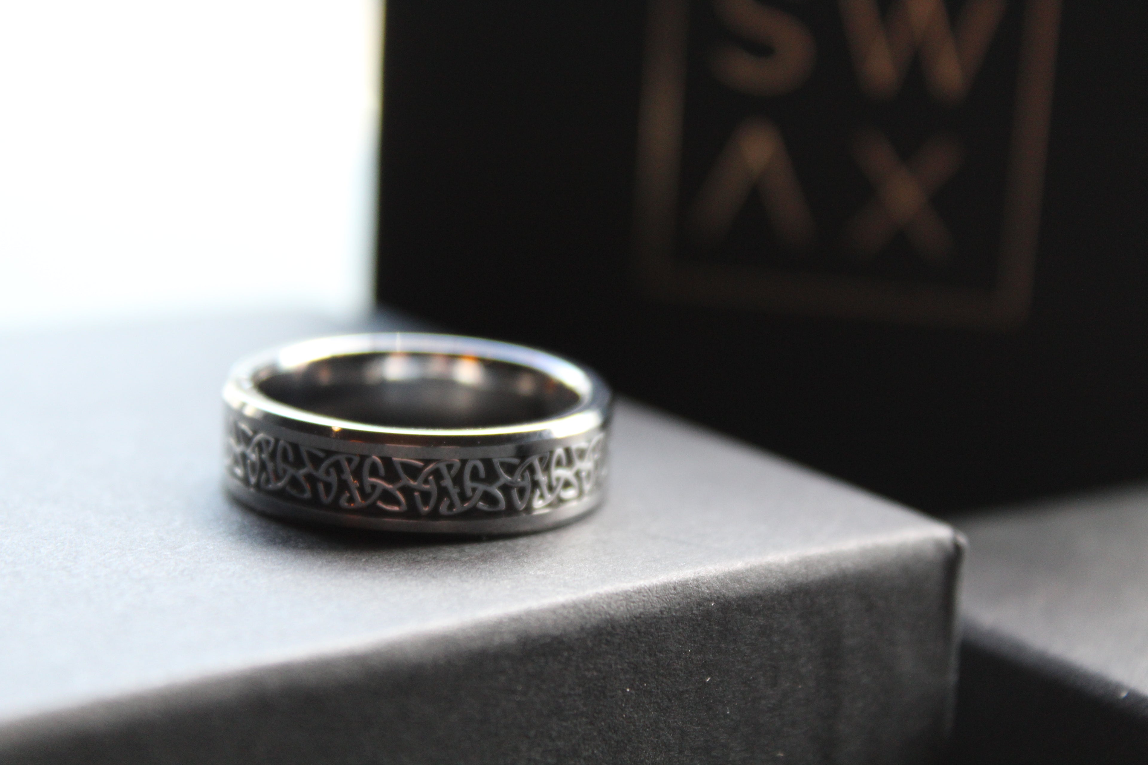 Tungsten & Black Carbon Inlay Celtic Ring