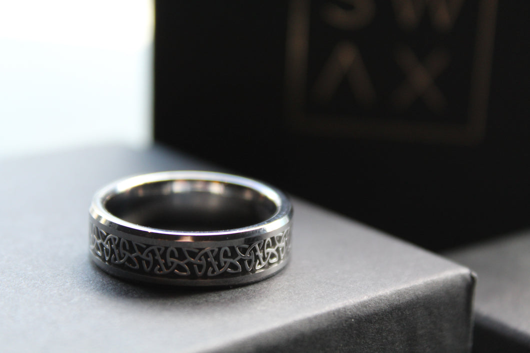 Tungsten & Black Carbon Inlay Celtic Ring