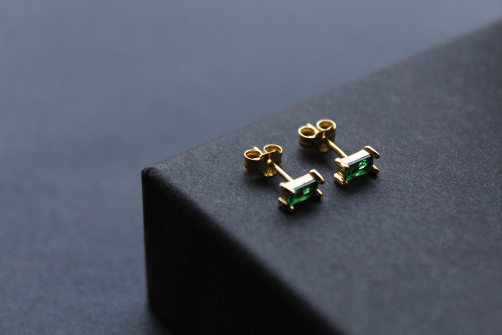 Yellow Gold Plated Emerald Glass Baguette Studs