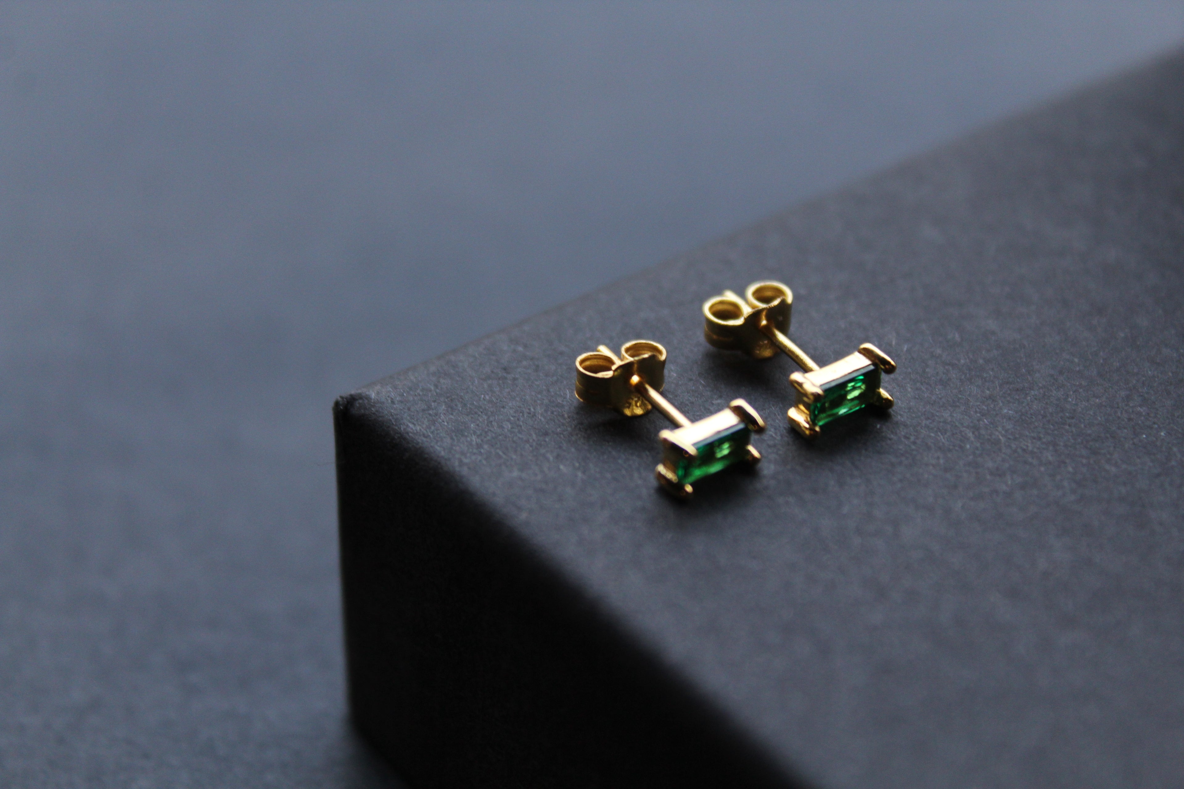 Yellow Gold Plated Emerald Glass Baguette Studs