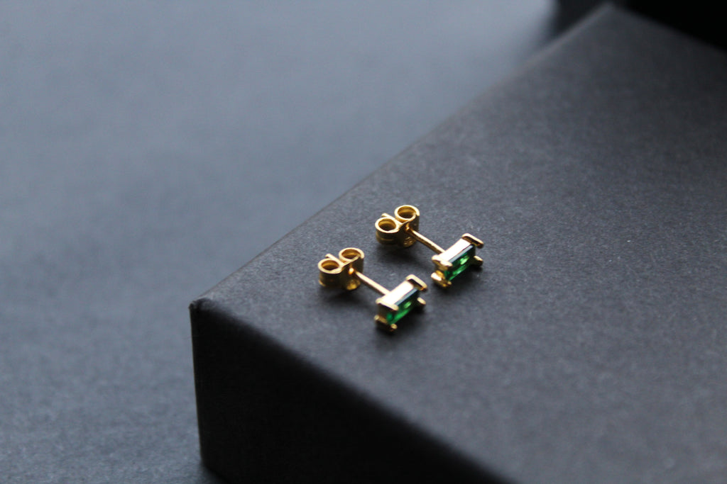 Yellow Gold Plated Emerald Glass Baguette Studs