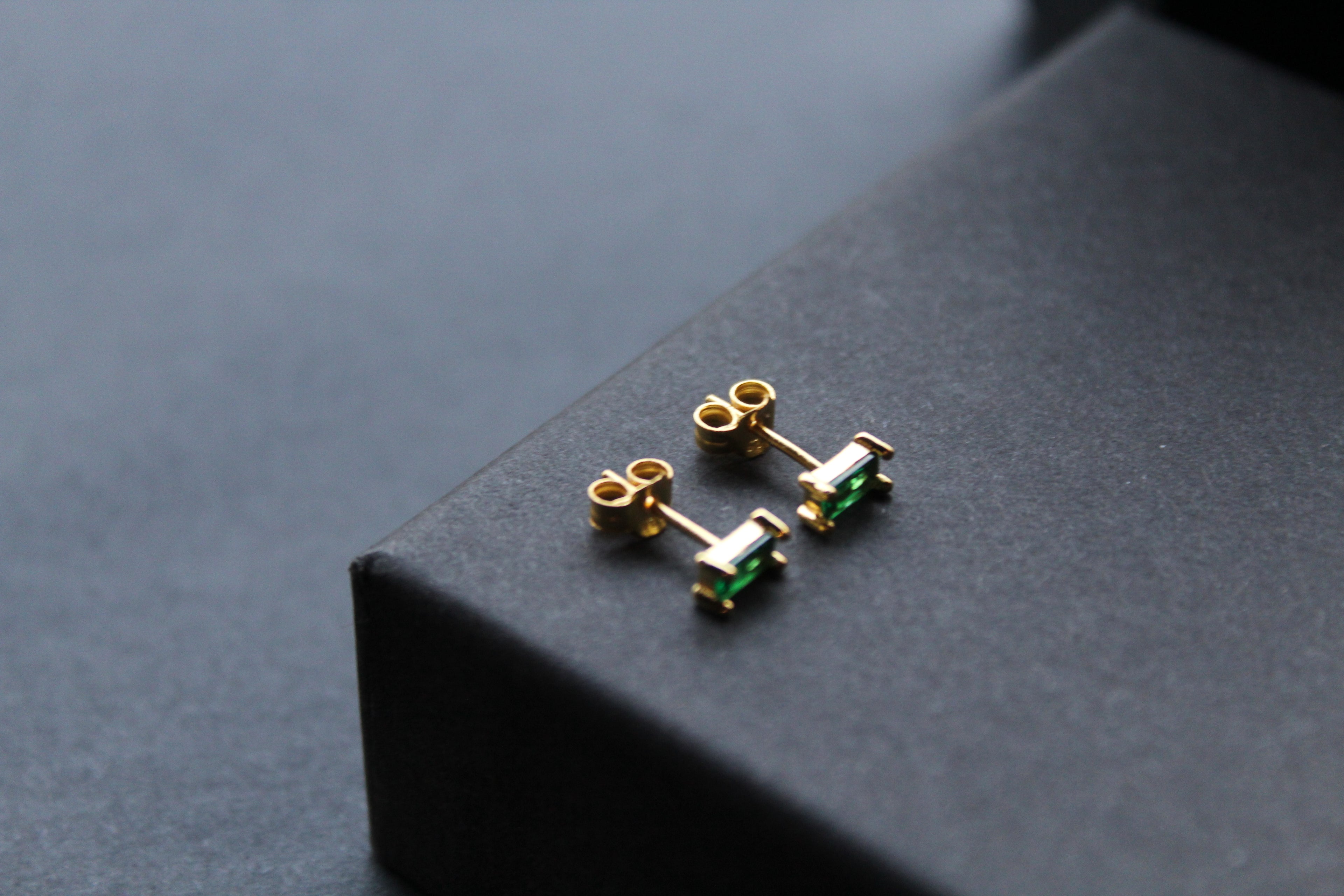 Yellow Gold Plated Emerald Glass Baguette Studs