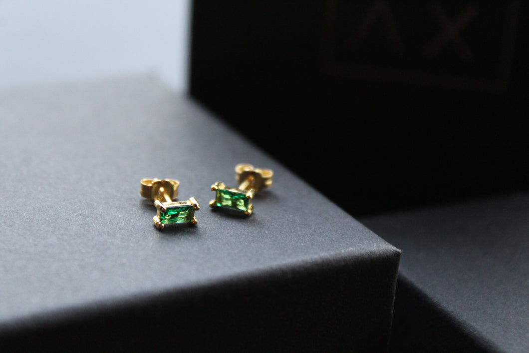 Yellow Gold Plated Emerald Glass Baguette Studs