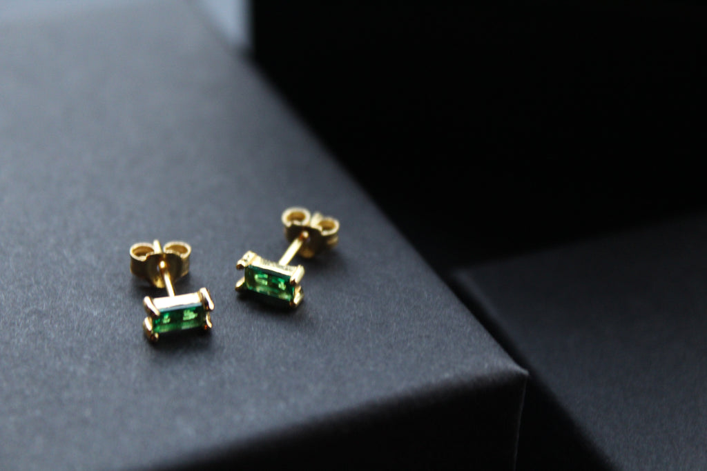Yellow Gold Plated Emerald Glass Baguette Studs