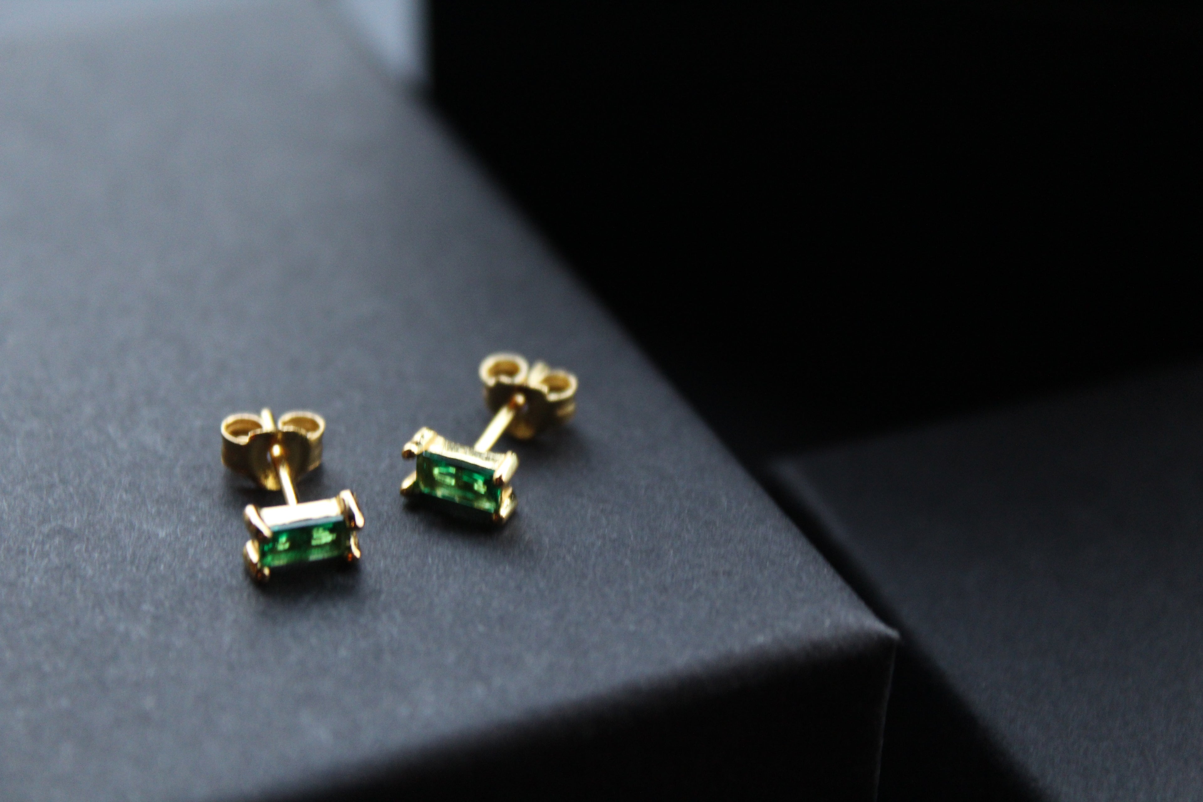 Yellow Gold Plated Emerald Glass Baguette Studs