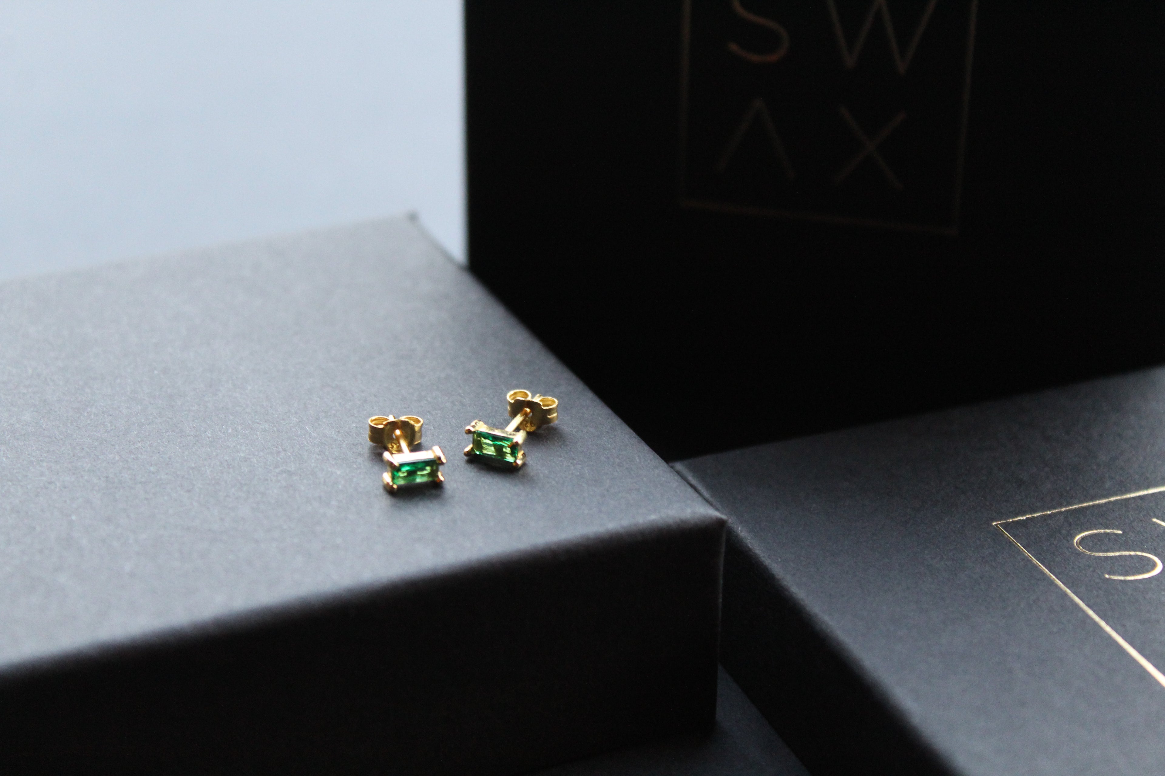 Yellow Gold Plated Emerald Glass Baguette Studs