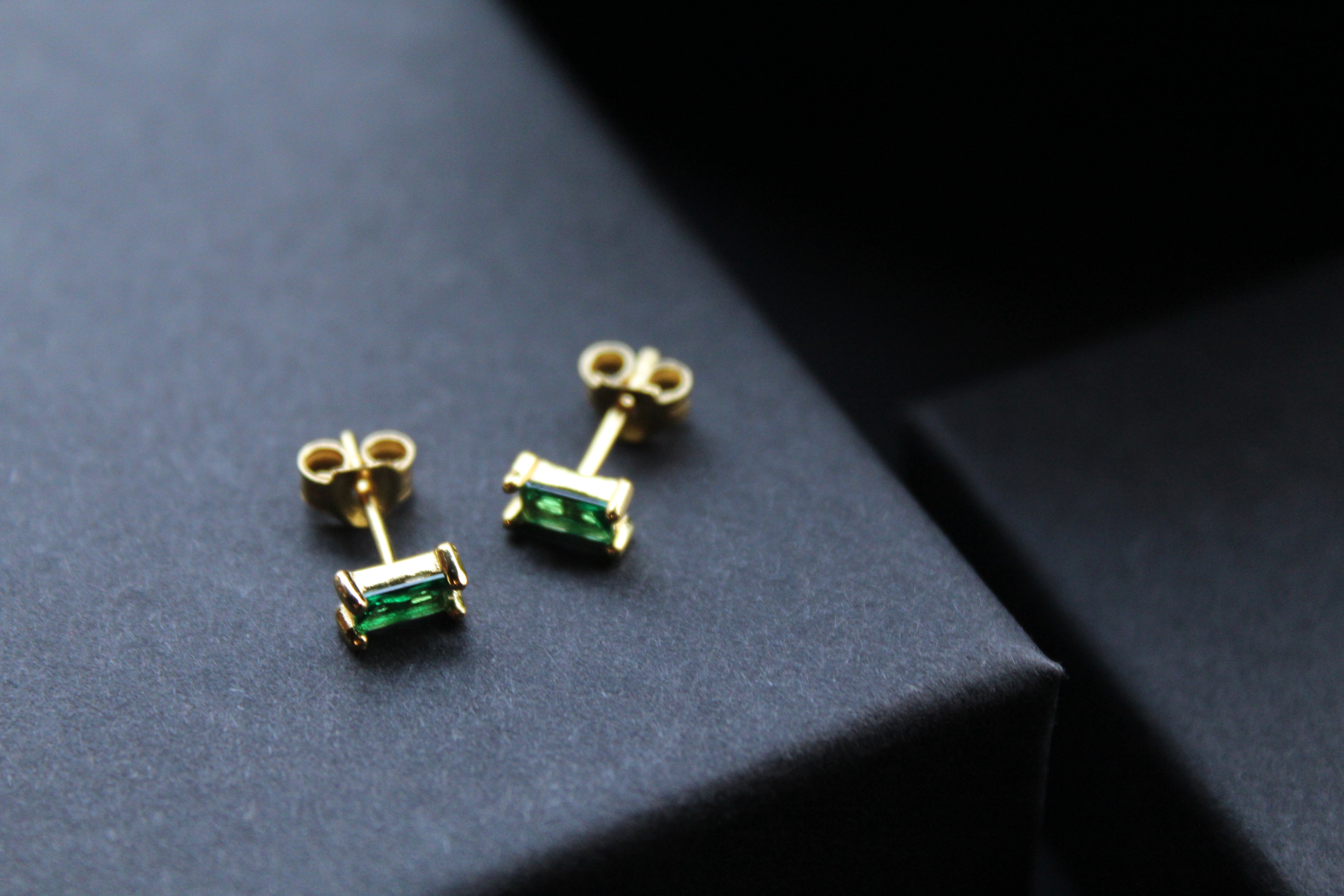Yellow Gold Plated Emerald Glass Baguette Studs