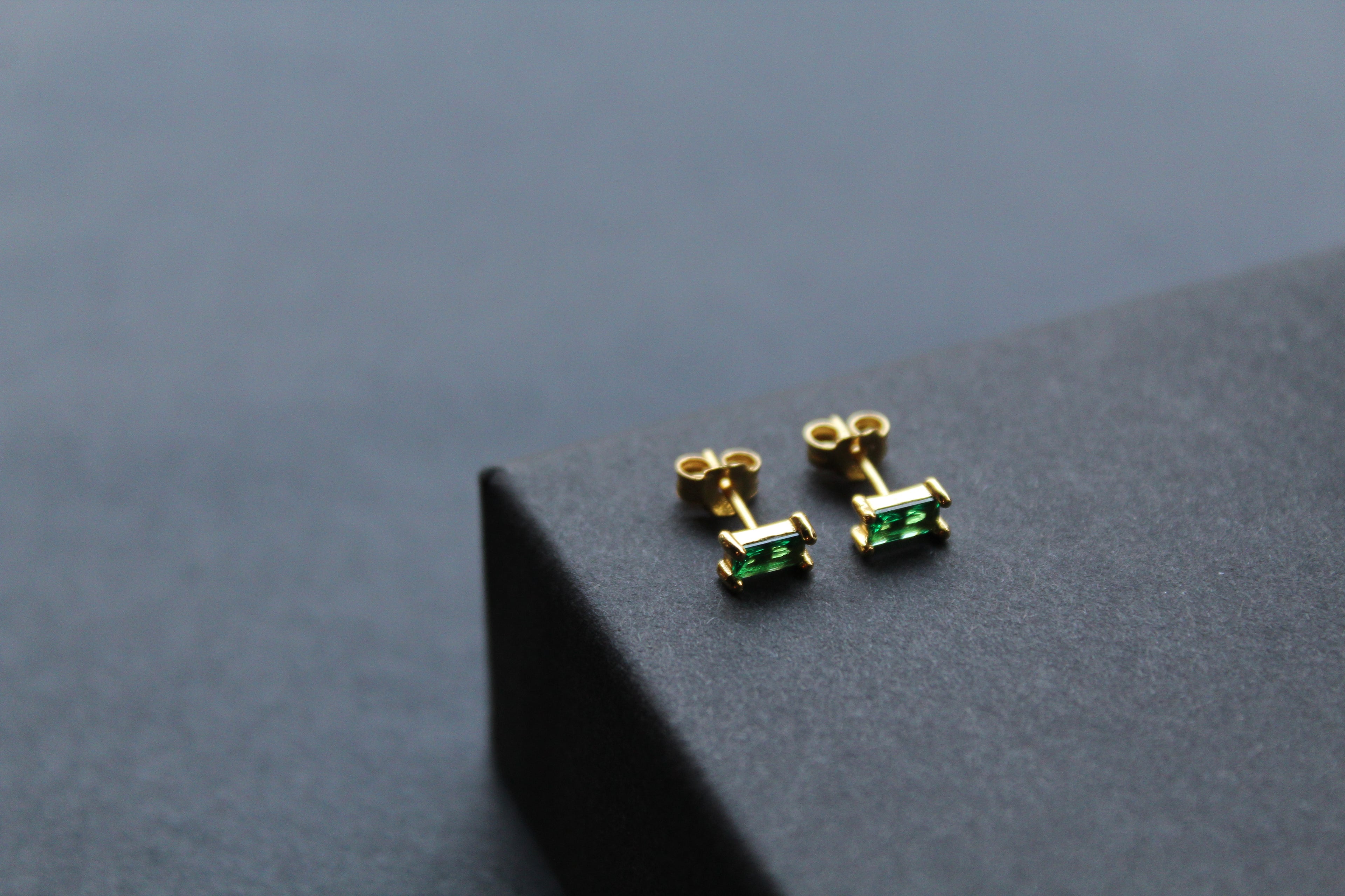 Yellow Gold Plated Emerald Glass Baguette Studs