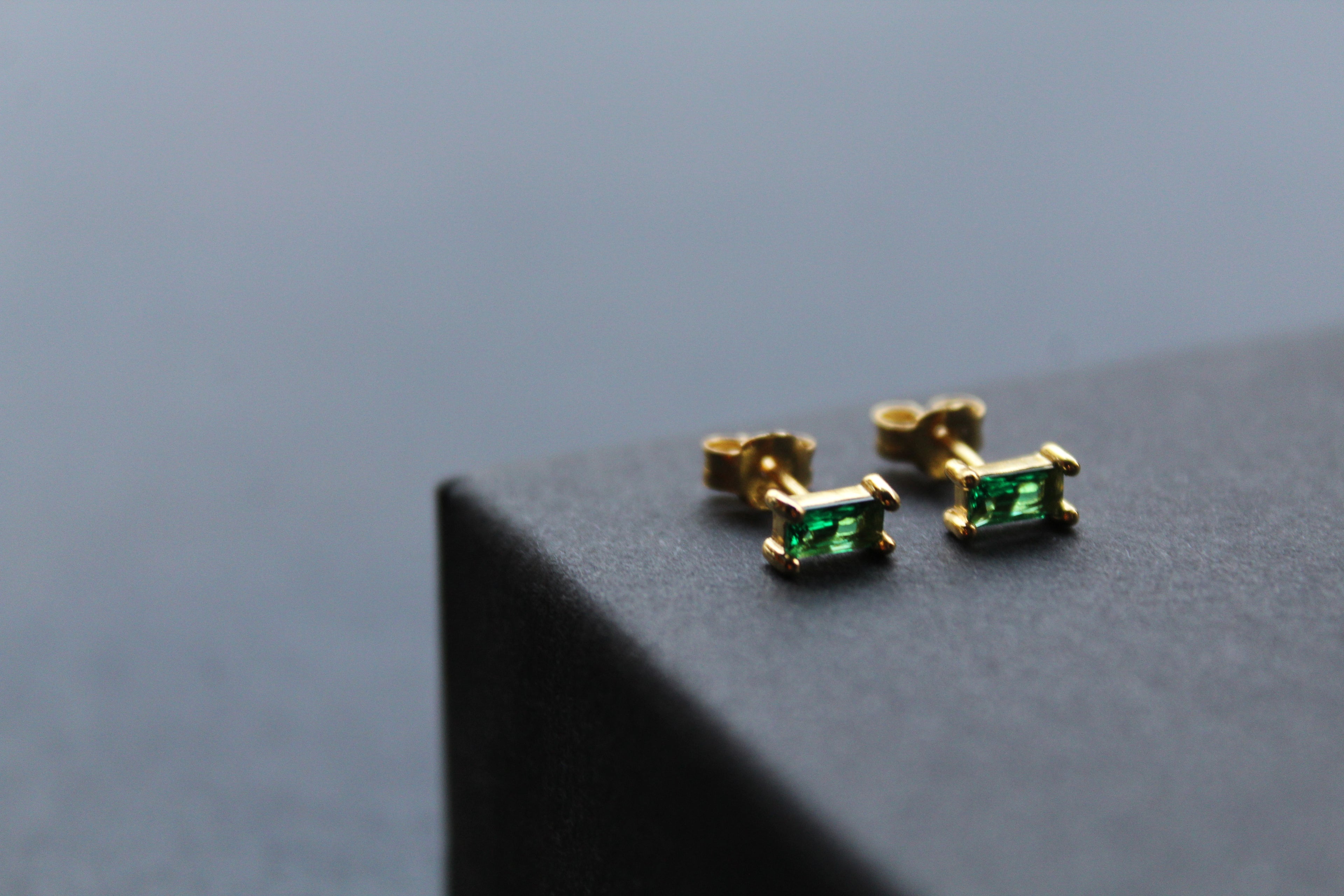 Yellow Gold Plated Emerald Glass Baguette Studs