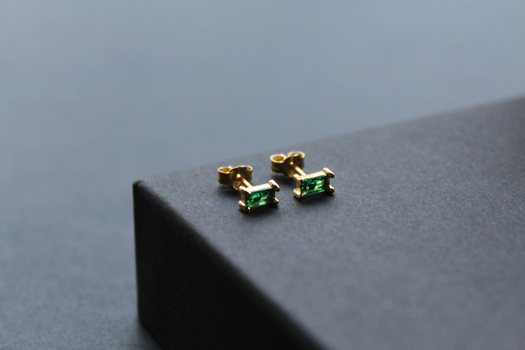 Yellow Gold Plated Emerald Glass Baguette Studs