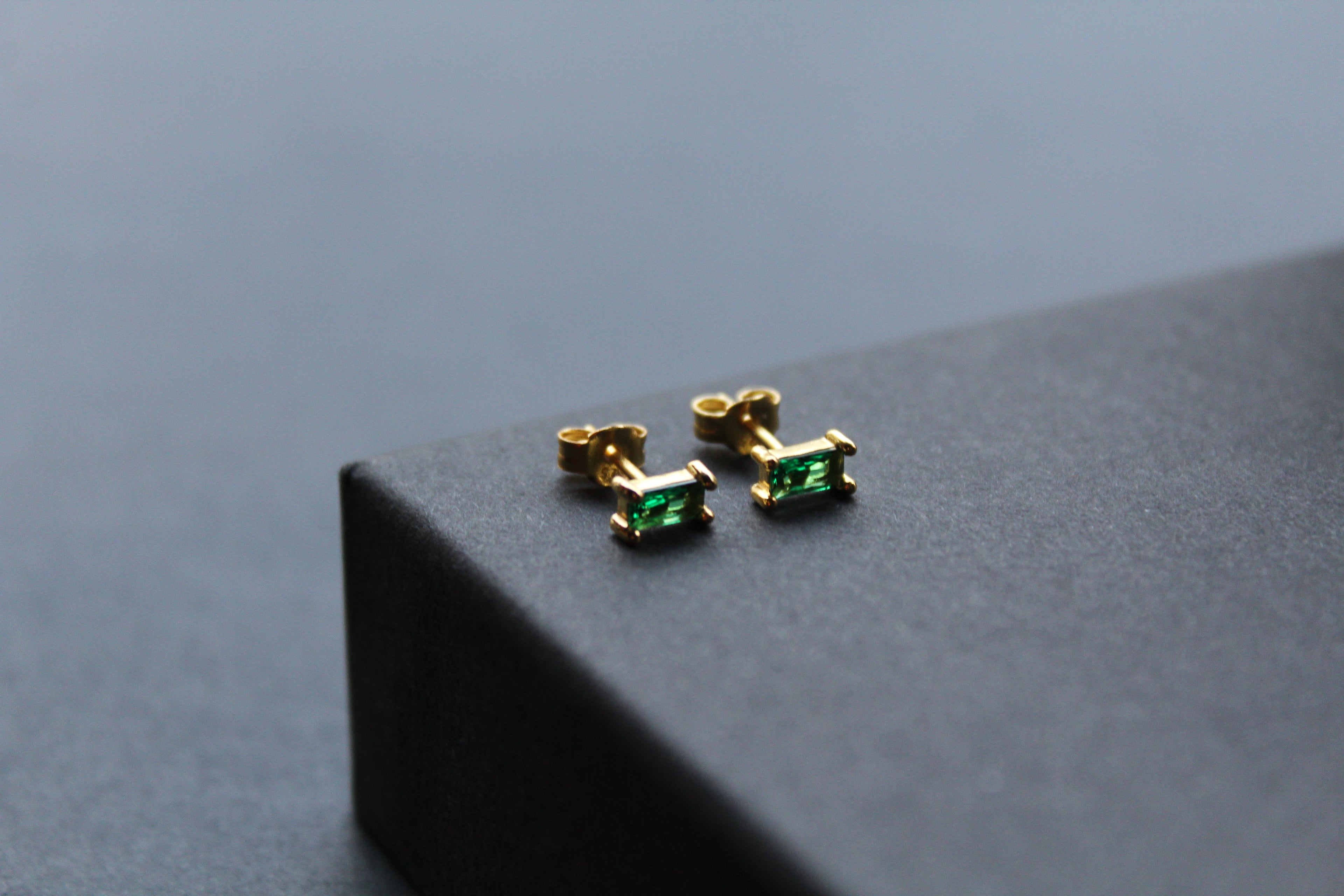 Yellow Gold Plated Emerald Glass Baguette Studs